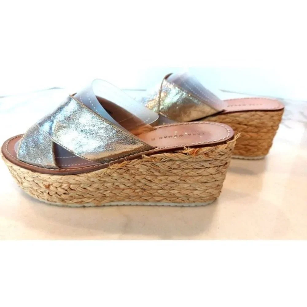 ZARA Jute Esprilladrez Wedge Sandals WITH CROSSOVER STRAPS GOLD SZ US 7 / UE 38